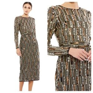 Mac Duggal 93590 Embellished High Neck Long Sleeve Midi Dress| Size 8